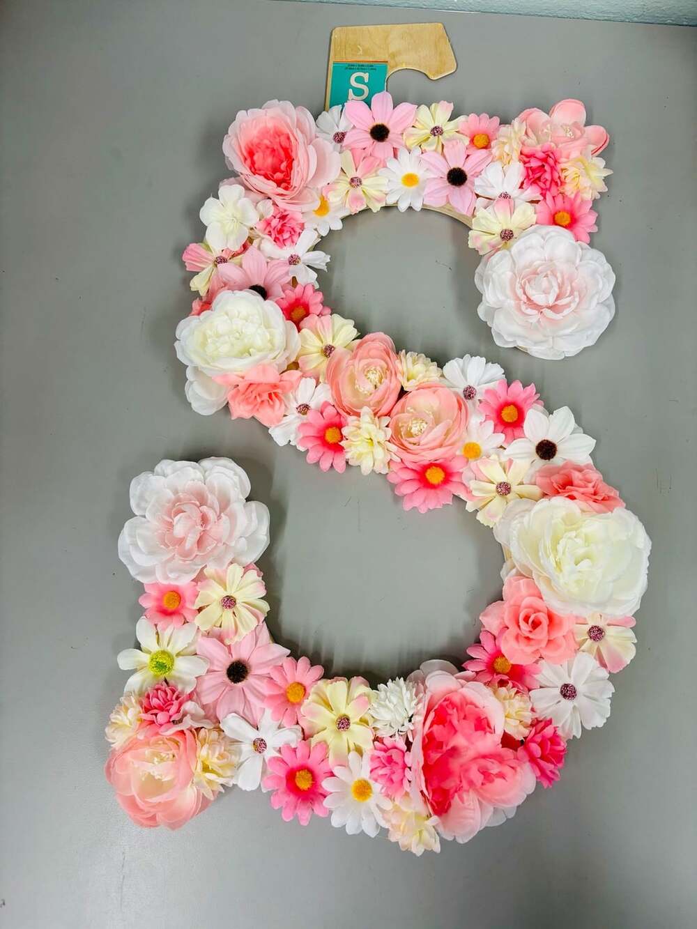 NWT Floral Letter S Monogram Nursery Wall Decor with Pink and White Silk Flowers